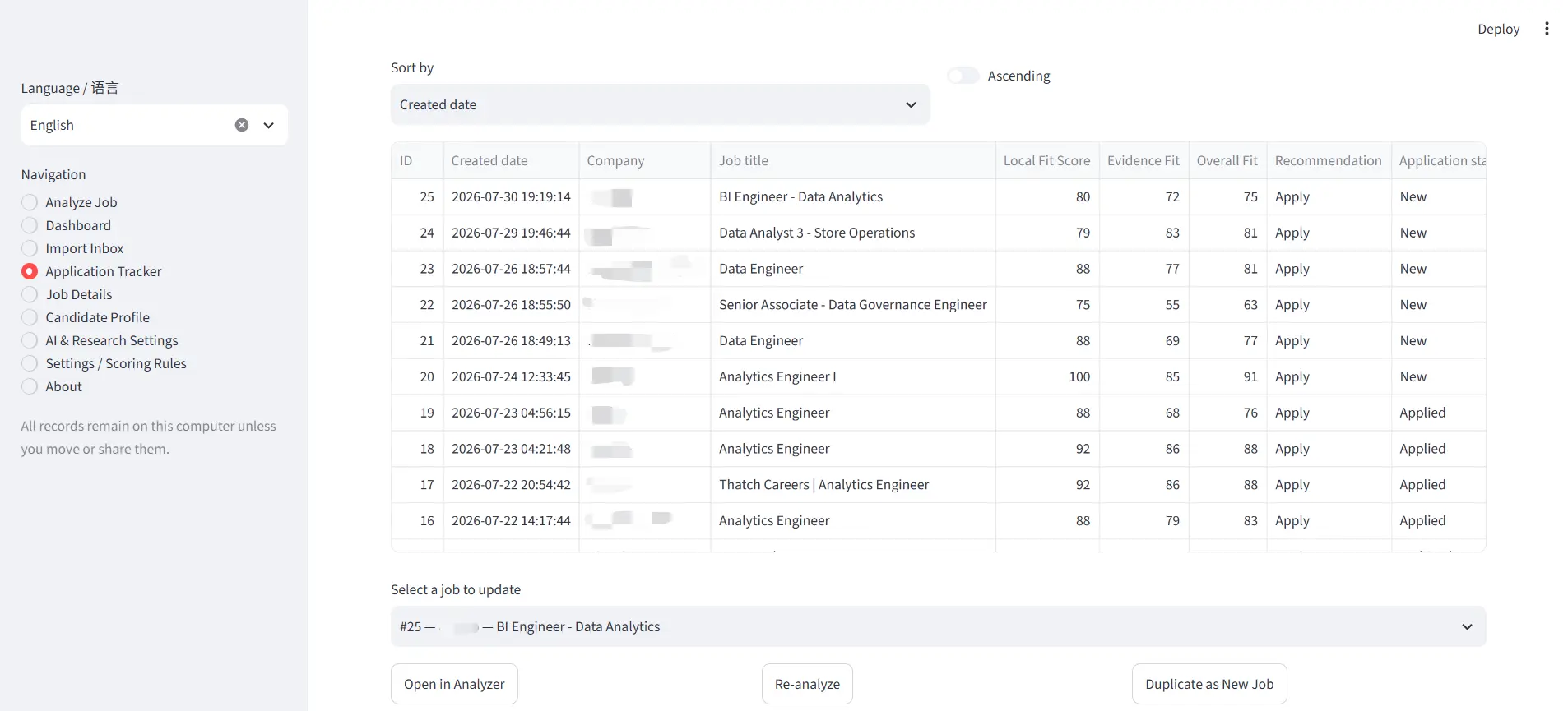 Job Search OS application tracker showing saved roles, companies, scores, status, and tracking fields.