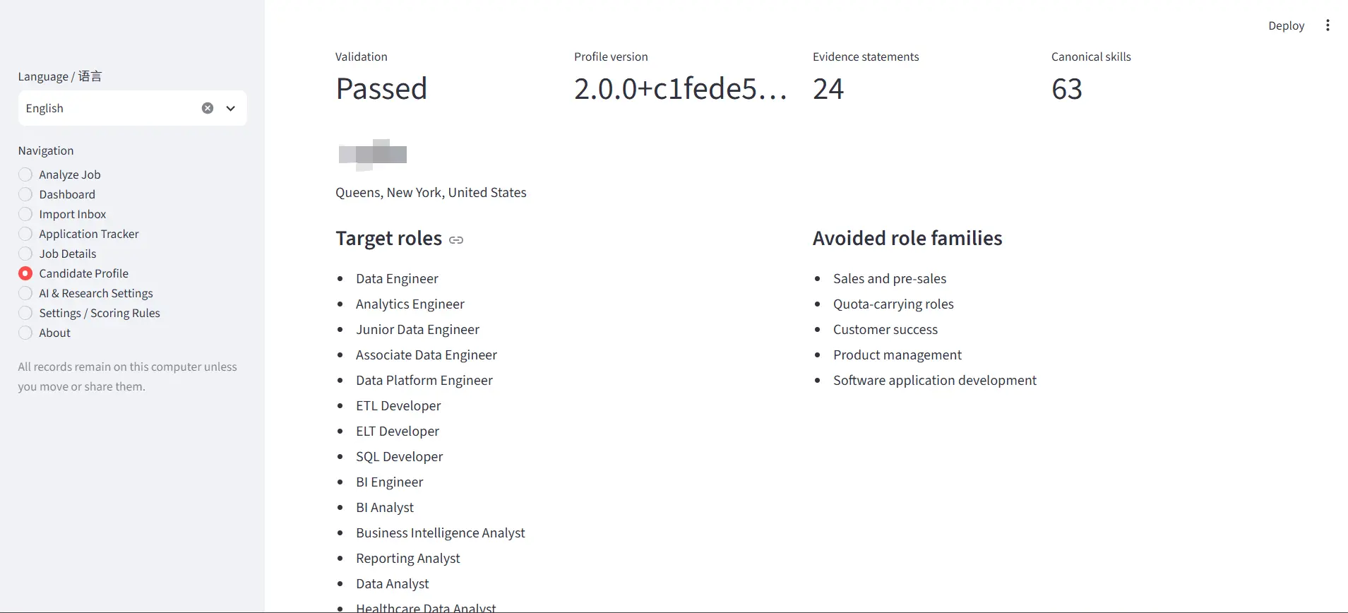 Job Search OS profile page showing structured candidate experience, skills, and supporting evidence.
